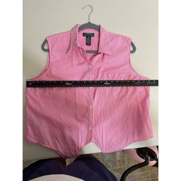 Lauren Ralph Lauren Red White Check Sz 16 Tie Waist Sleeveless Button Up Blouse - Picture 7 of 7